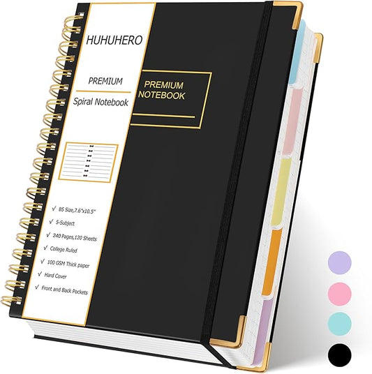 Huhuhero 5 Subject Notebook, 240 Pages Lined Spiral Journal College Ruled, 7.6" x 10.5” B5 Hardcover Journaling Notebooks for Work Note Taking, College School Supplies, Black