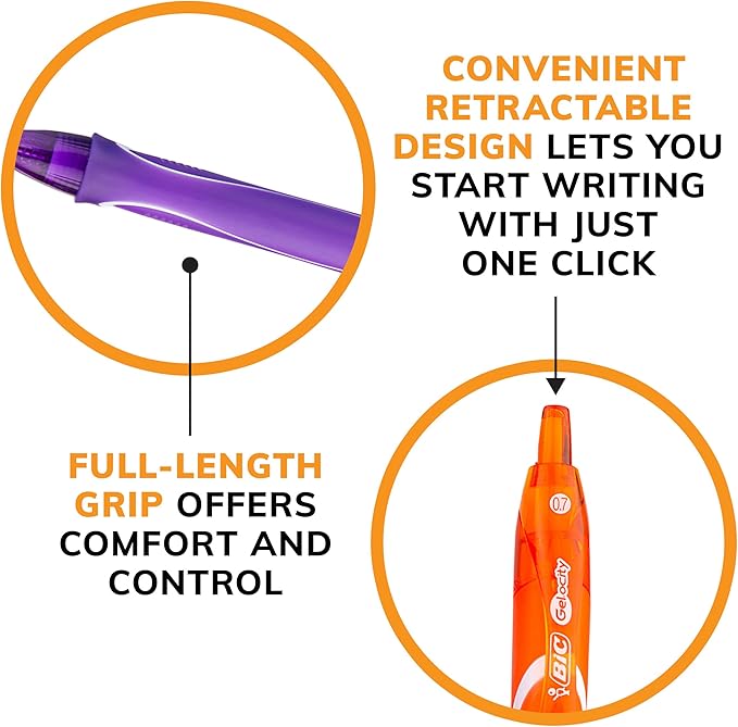 BIC Gelocity Quick Dry Assorted Colors Gel Pens, Medium Point (0.7mm), 12-Count Pack, Retractable Gel Pens With Comfortable Full Grip