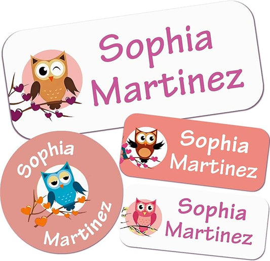 Waterproof Custom Name Stickers (135 Labels) - Personalized Daycare Labels for Clothing, Water Bottles, Lunch Boxes & School Supplies - Ideal for Camp & Daycare - No-Iron (Owls)