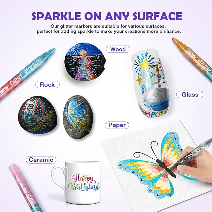 HOTU Glitter Markers Pens, 16 Colors Glitter Acrylic Paint Pens, Sparkly Metallic Dual-Tone Reversible Smooth Tips Shimmer Marker 8 Count for Coloring, Rock Painting, Wood, Fabric, DIY Craft