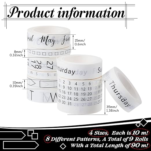 Chuangdi 9 Rolls Calendar Washi Tape Set Day Week Month Number Vintage Calendar Date Washi Masking Tape Decorative Patterned Marking for Arts Crafts Journal Planner(White)