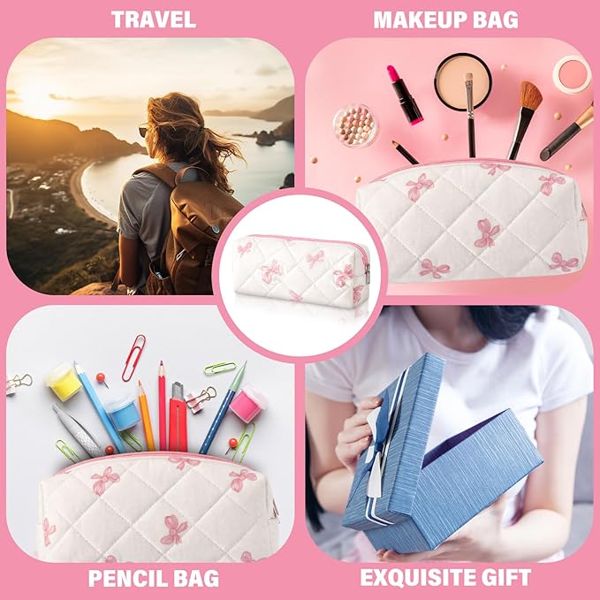 Sherr Coquette Bow Pencil Case Pink Bow Cute Pencil Pouch Soft Cotton Storage Bag Aesthetic Pattern Gift Makeup Pouch Cosmetic Travel Bag for Women