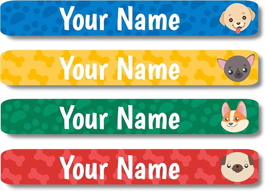 Lovable Labels Personalized Labels for Kids (120 Labels) - Waterproof Dishwasher Safe Peel and Stick Labels are Great for School Supplies Daycare Camp Bottles (Paw-sitive Puppies)