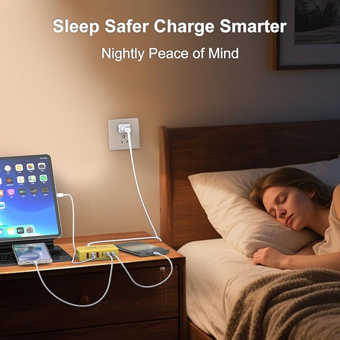[2026 Upadated] 130W Charging Station 6-Port Type C Fast Charger Block Charging Station Multiport Adpater for iPhone 17/16/15/14/13/Pro Max/Plus iPad mini/Pro Galaxy S26/S25 5ft Power Cord-Yellow