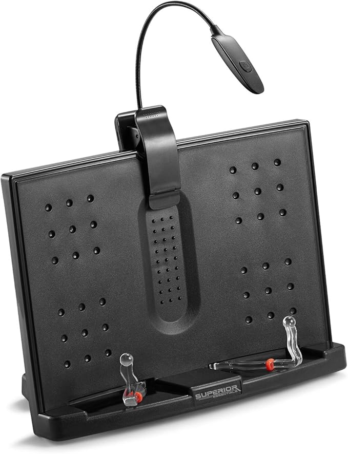 Superior Essentials Book Stand for Reading Hands Free - Recipe Book Cookbook Holder Stand for Kitchen Counter and Page Clips - Ideal for Textbooks, Cookbooks, and Devices