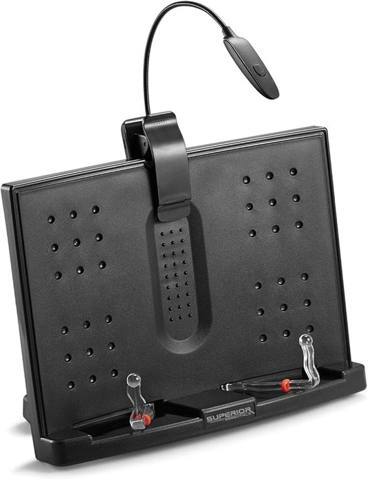 Superior Essentials Book Stand for Reading Hands Free - Recipe Book Cookbook Holder Stand for Kitchen Counter and Page Clips - Ideal for Textbooks, Cookbooks, and Devices