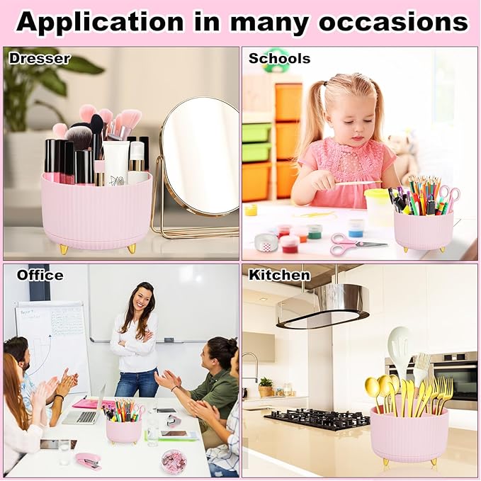 Gawsey Desk Organizers and Accessories Set with 360-Degree Rotating Pen Holder, Tape Dispenser, Stapler, Staple Remover, 1000 Staples, Tape, Clips Set, Ruler, Scissor, Pen (Pink-A)