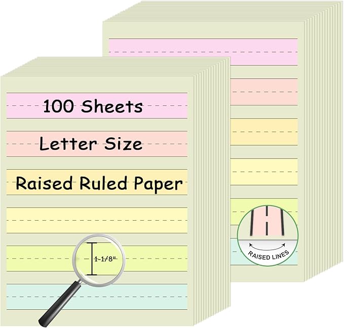 Handwriting Paper Kindergarten Wide Ruled 1-1/8” Raised Lined Paper Primary Writing Pad 8.5 x 11 Inch Colored Spacing Papers Tactile for Kids Multi-Sensory Ruled Handwriting Tablet(100)