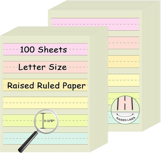 Handwriting Paper Kindergarten Wide Ruled 1-1/8” Raised Lined Paper Primary Writing Pad 8.5 x 11 Inch Colored Spacing Papers Tactile for Kids Multi-Sensory Ruled Handwriting Tablet(100)