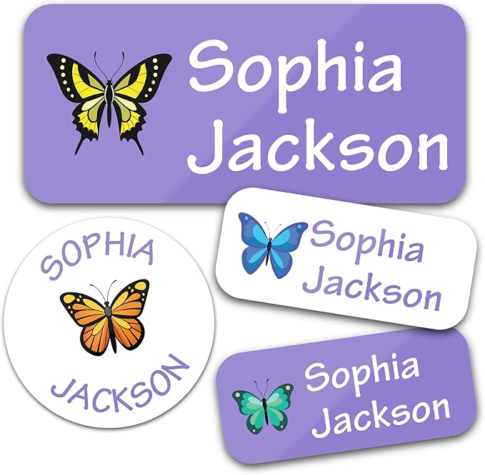 Bunny Badges Personalized Daycare Name Labels for Kids (130 Labels) - Custom Waterproof Name Stickers for Clothing Tags, Water Bottles, Lunch Boxes and School Supplies (Butterflies)
