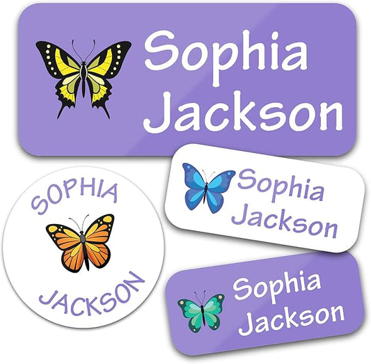Bunny Badges Personalized Daycare Name Labels for Kids (130 Labels) - Custom Waterproof Name Stickers for Clothing Tags, Water Bottles, Lunch Boxes and School Supplies (Butterflies)