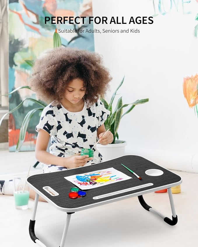 FISYOD Foldable Laptop Table, Portable Lap Desk Bed Table Tray, Laptop Stand with Cup Holder & Tablet Slot & Lifting Handle for Working Writing Drawing & Eating (Black)