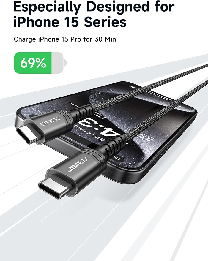 JSAUX 100W USB C to USB C Cable for iPhone 17, USBC Type C Charge Cord 5A Fast Charging Compatible with iPhone 17 Air 16 15 Pro Max Samsung Galaxy S25 S24 MacBook iPad Carplay (2-Pack, 3.3ft) Black