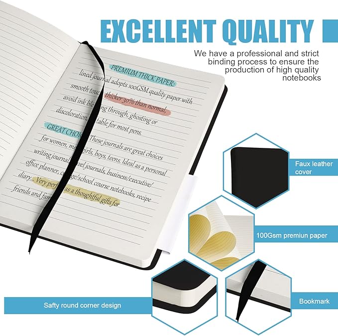 Lined Journal Notebook, 6Pack Hardcover Notebook for Men & Women – Journals for Writing, Work, School, Home & Daily Notes, 160 Pages – Medium A5, 5.7"x8", 100 gsm Thick Paper (Black)