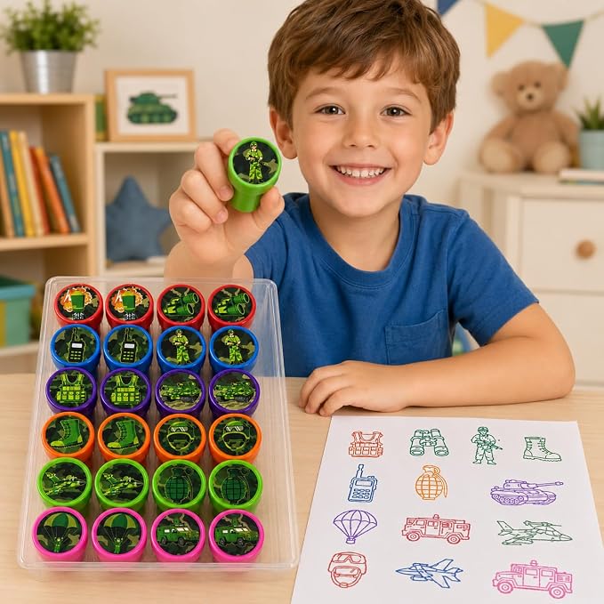 Cinrobiye 24 Pcs Military Theme Pre-Inked Stampers for Kids, Army Party Favor Stamp Set with 12 Unique Soldier Designs, Classroom Rewards, Birthday Party Supplies, Goodie Bag Fillers, Carnival Prizes