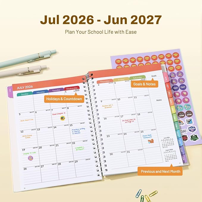 Student Planner 2026-2027, SUNEE Middle or High School Datebooks Student Planner for Academic Year Jul. 2026 - Jun. 2027, 6.5" x 8.3" Lesson Plan Book with Bookmark, Planning Stickers, Pastel Draw