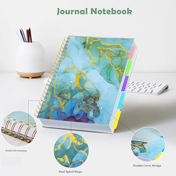 5 Subject Notebook for Work with Removable Dividers Tabs, Large 8.5" x 11 Spiral Lined Notebooks for School Note Taking & Organizer, A4 240 Pages College Ruled Journal for Women & Writing, Blue