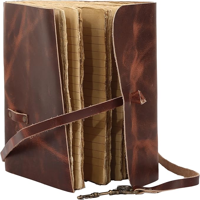 Leather Journal with Deckle Edge Paper 8x6 inch and Vintage Key | Handmade Writing Notebook Diary | Bound Daily Notepad for Men & Women Medium, Sketch/Writing pad for Artists