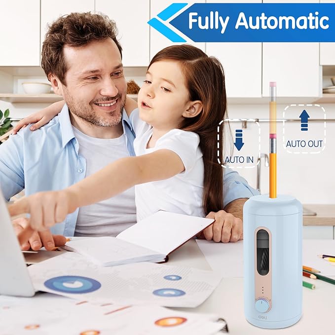 Electric Pencil Sharpener, Fully Automatic Pencil Sharpener for 6.9-10.8mm Colored/Jumbo Pencils, Auto in & Out, Rechargeable Hands-Free Sharpener for Classroom Home Office, Blue