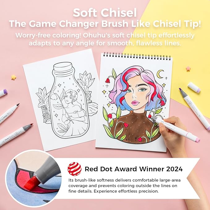 Ohuhu Alcohol Markers: Soft Chisel 60 Illustration-color Brush & Soft Chisel Dual Tips Drawing Markers for Artist Beginner Adult Coloring Illustration Sketching -Honolulu S - Red Dot Award Winner