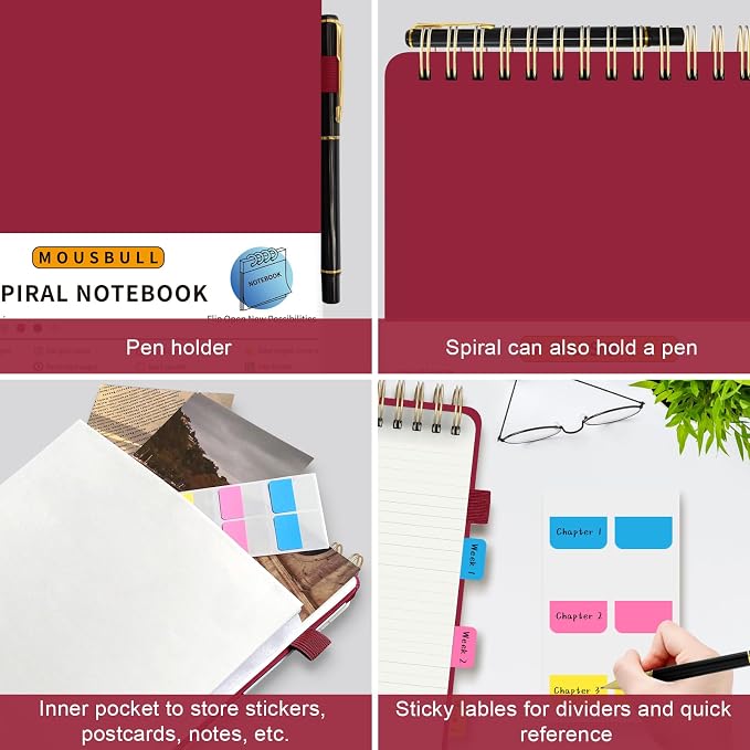 Mousbull Top Spiral Notebook, A4 Hardcover Top Bound Steno Pads, 240 Pages 100gsm College Ruled Left Handed Notebook Journal for Work, School, Meeting Writing - Red, 8.5" x 11"