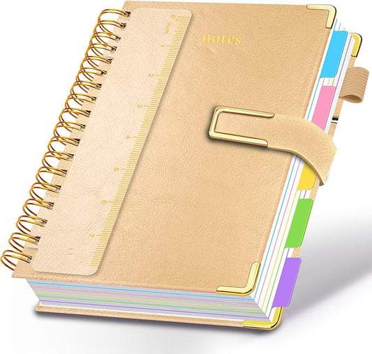 Hardcover Spiral Notebook College Ruled, 6.2"x 8.2" Leather Journal Notebook with Magnetic Closure, 300 Pages 5 Subject Notebook with Dividers Tabs Journal for Women Men, Work, School(Golden)