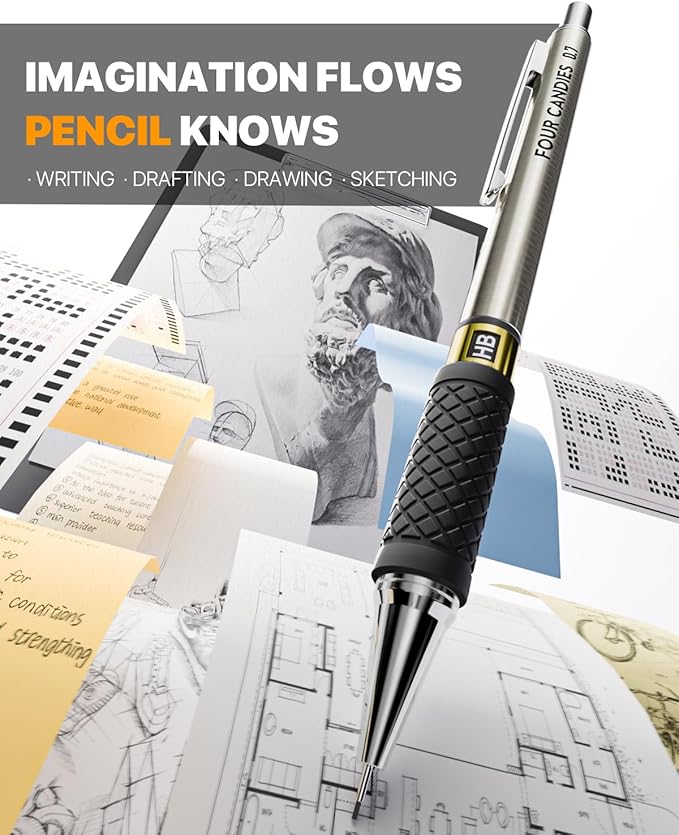 3PCS Metal Mechanical Pencil Set - 0.5 & 0.7 & 0.9mm with 360 Leads, 12 Erasers, Art Mechanical Pencils Pack with Storage Case for School Writing, Sketching, Drawing & Professional Drafting