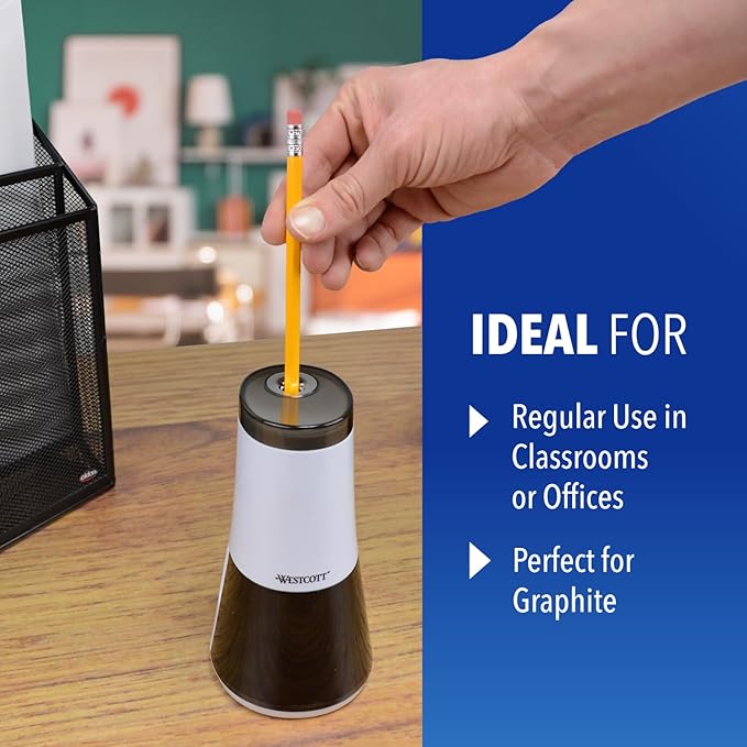 Westcott iPoint Curve Electric Pencil Sharpener - Sharpen Regular, Graphite, and Drawing Pencils - Office and School Supplies for Teachers and Kids - Compact - Corded Plug-in Design - White