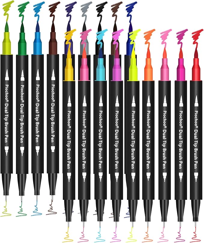 Piochoo 18 Colors Dual Tip Markers, Fine Point & Brush Tip for Adult Coloring Books, No Bleeding, Art Supplies