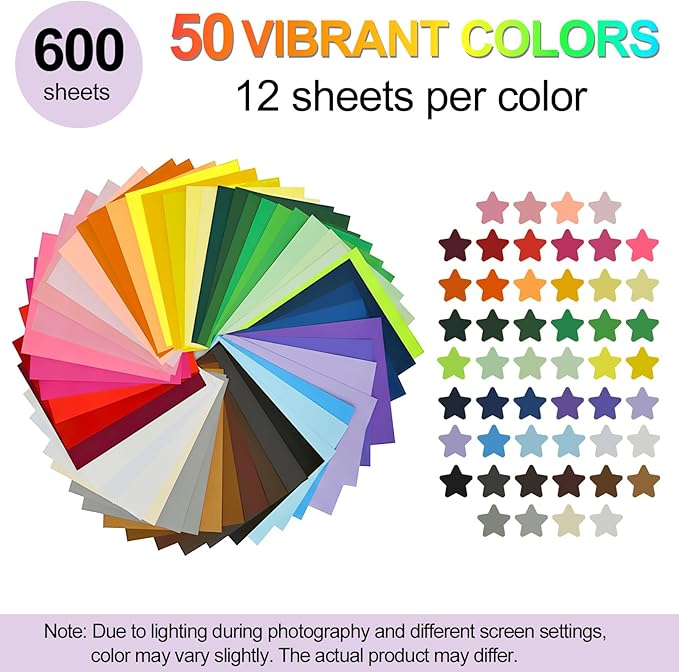 600-Sheets Colored Cardstock for Crafts: 50 Assorted Colors, 8.5" x 11", 65lb/180gsm, Colored Paper for Kids School Supplies, Party Decorations, DIY Crafts, for cri·cut Cutting