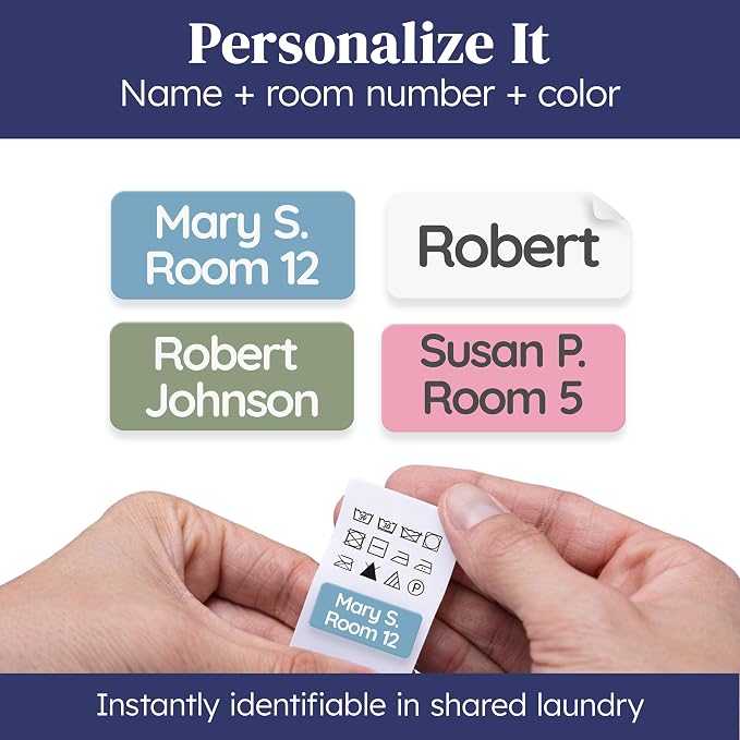 Clothing Labels for Nursing Home (140), No-Iron, Washable & Personalized Name Tags for Clothes, Items and Nursing Home Supplies (1.2” x 0.5”) - Blue