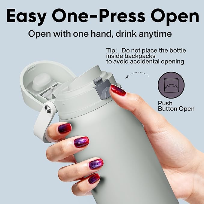 Insulated Water Bottle with Straw - Encool Stainless Steel Water Bottle with Push Button Lid, Leak-Proof & BPA-Free, Keeps Cold for 24 Hours for Sports, Travel, Gym (32 oz, Silver Grey)