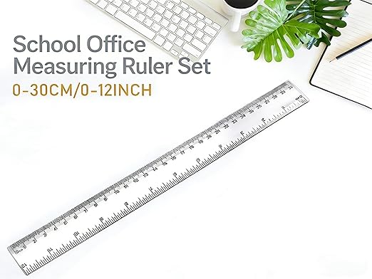3-Pack 12-Inch (30cm) Plastic Rulers - Clear Dual-Sided Ruler with Centimeters and Inches, 3-Piece Set
