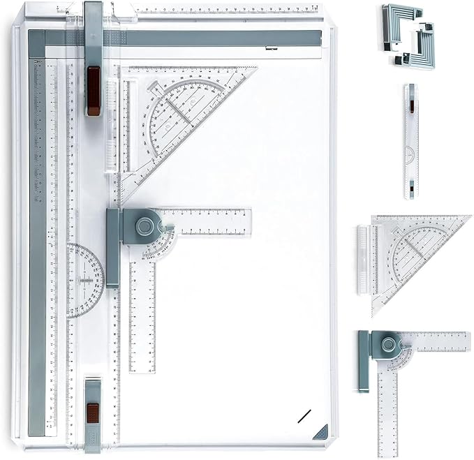 A3 Portable Drawing Table Board with Clear Rule Parallel Motion and Angle Adjustable Measuring System, Multi-Function Metric Drawing Board Drafting Table for Engineering Students