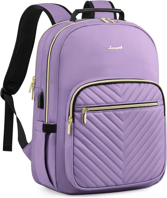 LOVEVOOK Laptop Backpack Purse for Women, Work Travel Computer Bags, College School Backpack for Student Girl, Quilted Casual Daypack with USB Port, Fit 15.6 Inch Laptop, Purple