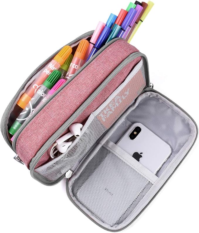 Big Capacity Pencil Case Large Pencil Bag Pouch High Storage Pen Marker Holder 3 Multi Functional Compartments Office Desk Organizer Makeup Bag, Pink