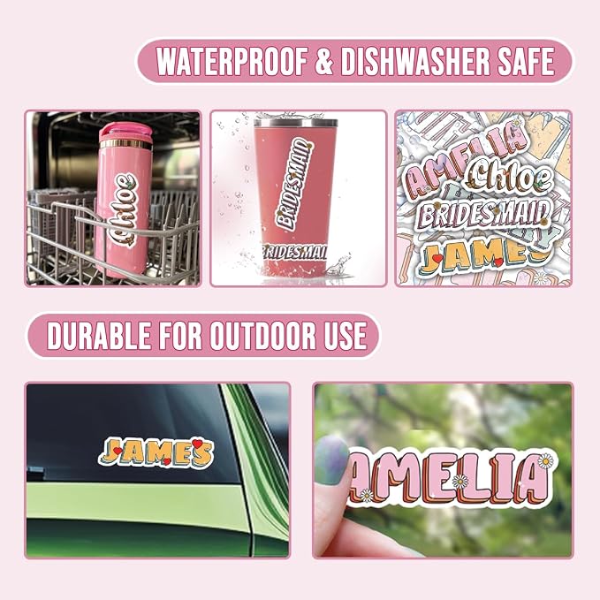TAYTA (6pcs) Customized Name Stickers Sheet - Personalized Text, Waterproof | Custom Vinyl Name Label Decals, UV-Resistant, Suitable for Water Bottles, Cups, Tumblers, Helmets, Laptops, Cars, Doors - 5in