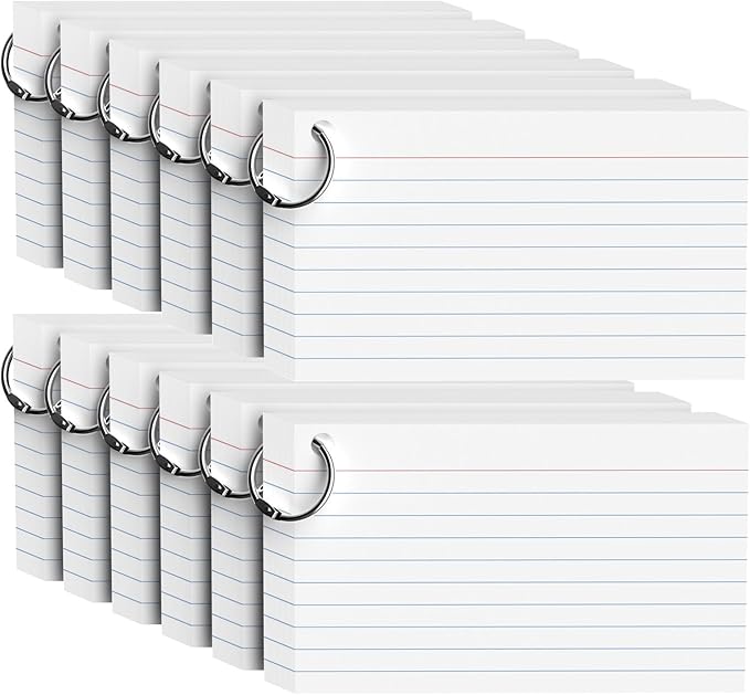 600 Count White Index Cards 3x5 Inch with Ring, Heavy Weight Flash Cards, Note Taking Supplies, Portable Note Cards, Study Flashcards for Students & Teachers, Office Home School Study Supplies