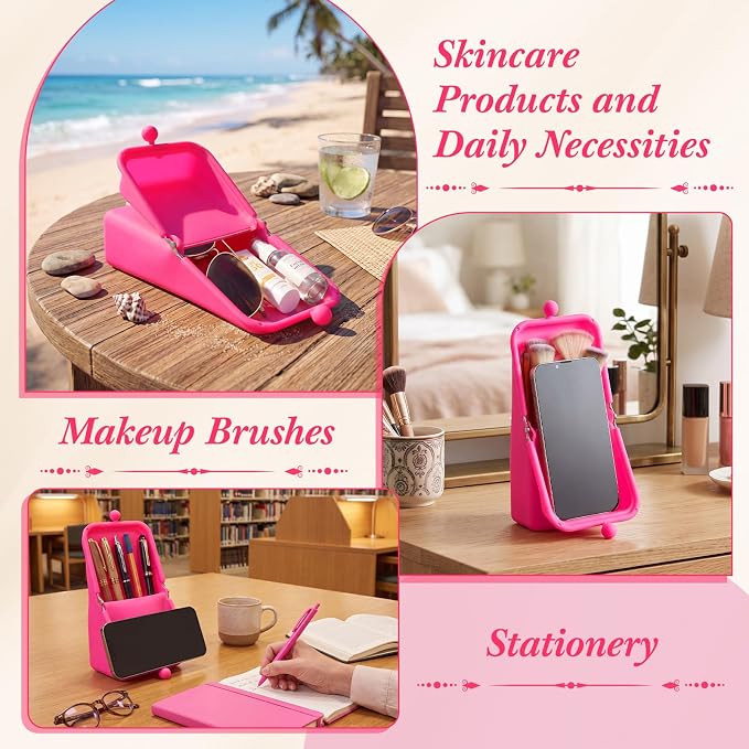 Kacctyen Makeup Brush Case Silicone Standing Makeup Brush Holder,Hot Pink | Silicone Make up Travel Bag with Suction Portable Cosmetic Organizer Phone Stand Pouch for Travel Home Back to School Use