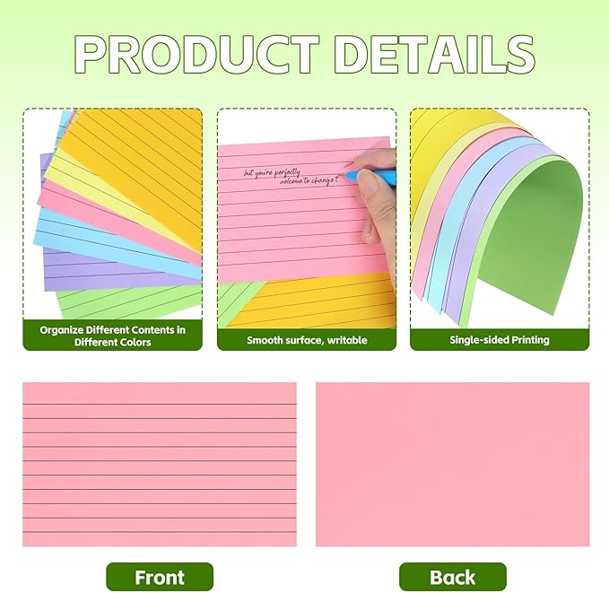 Tecmisse 300PCS 3x5 Index Cards Colored, Ruled Index Cards Colorful, Lined Flash Cards for Studying, Heavy Note Cards for Office, Home and School