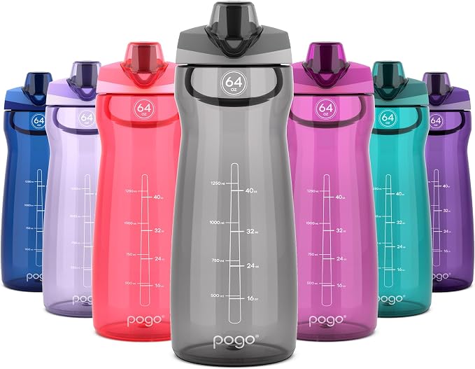 Pogo 64oz Plastic Water Bottle with Chug Lid and Carry Loop, Gray | Leakproof water bottle with chug lid and capacity markings. BPA-free, great for travel, school, outdoors, and gym.
