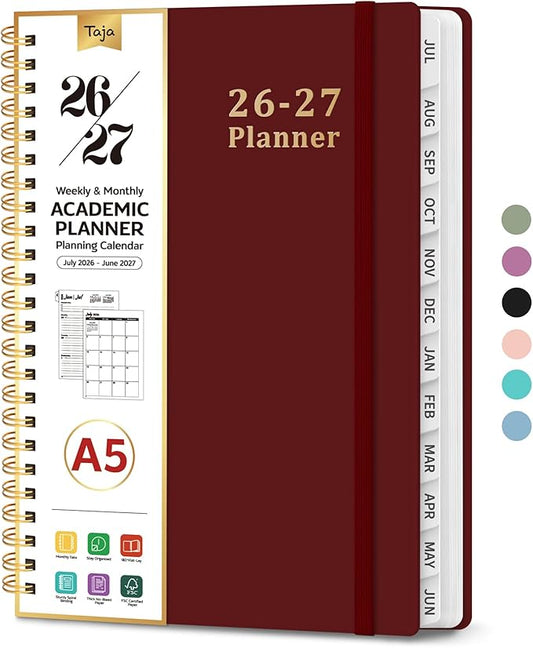 Planner 2026-2027, 6.3" x 8.5" Weekly and Monthly Academic Year Planner Calendar, July 2026 - June 2027, Hardcover Large School Planning Agenda With Tabs, Perfect for School & Office Supplies, A5, Burgundy