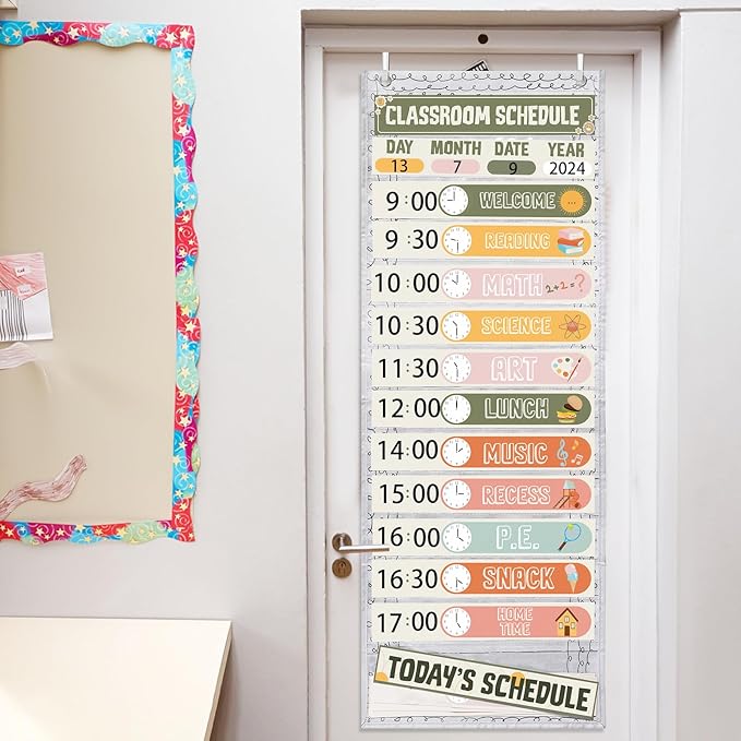 MotiMind Daily Schedule Pocket Chart for Classroom, Calendar Pocket Chart 13+1 Pockets, 21 Reusable Cards for Classroom School 13" x 36" (Bright Color,Retro)