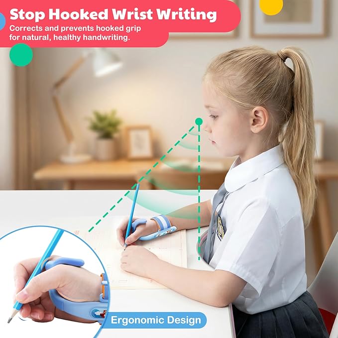 Grips for Pencil for Kids Handwriting, Ergonomic Wrist Support Brace for Kid (Right Hand Only) Adjustable Anti-Hook Writing Posture Correction for Preschooler, Students, Classroom Aid Tool