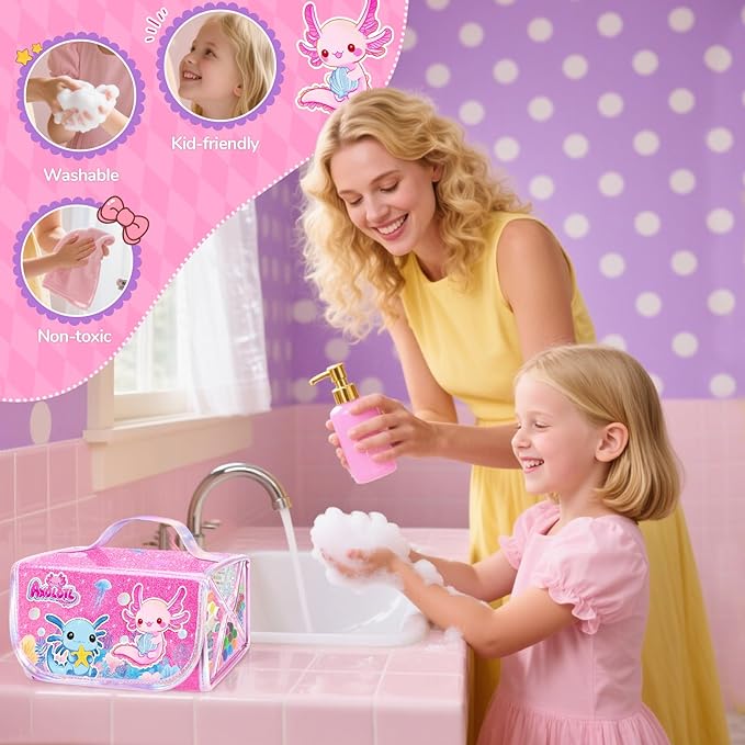 Axolotl Arts and Crafts for Girls Ages 4-5-6-7-8, 70 PCS Art Supplies Set with Kawaii 3D Pink Pencil Case, Washable Dual Markers, Scented Gel Pens, Twist-up Crayons & Axolotl Stickers, Birthday Gift