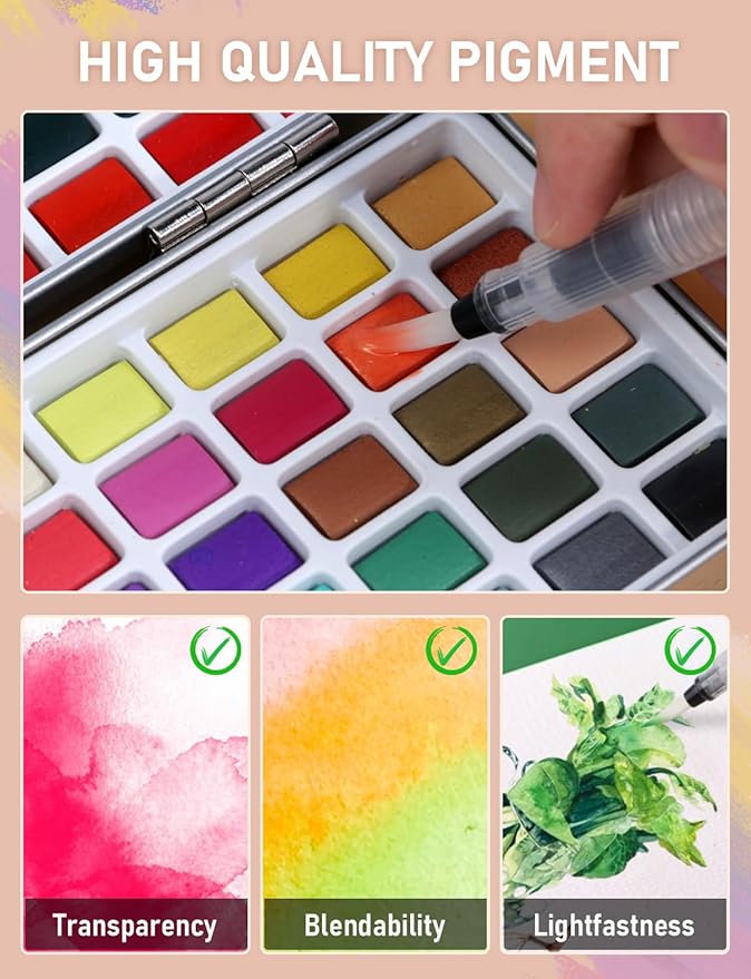 Nicpro 100 Colors Watercolor Paint Set, Metallic Macaron & Fluorescent, 8 Synthetic Squirrel Brushes, 25 Watercolor Paper, Palette, Art Supplies Kit for Artist Adult Beginner with Gift Box