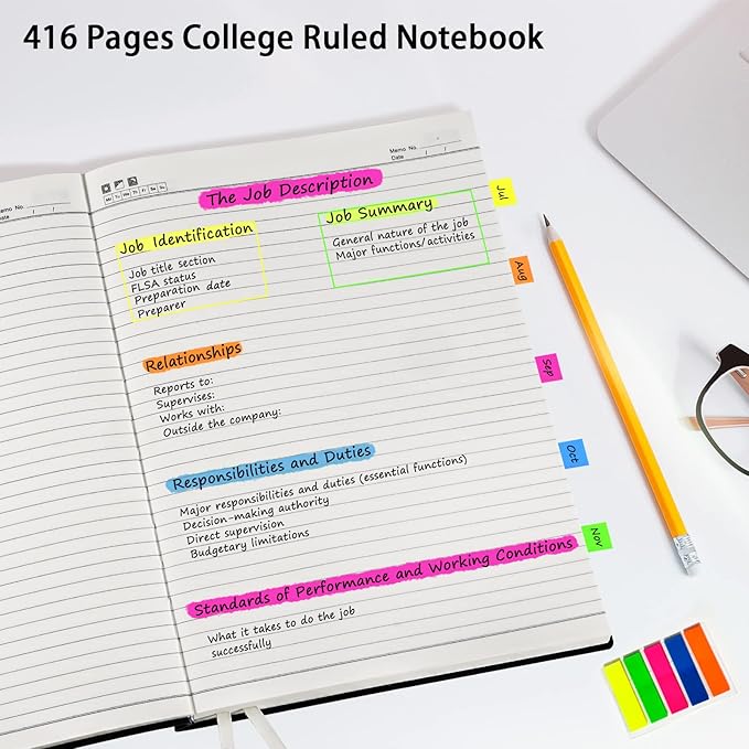 Notebook Journal, 8.5" x 11", 400 Pages College Ruled Notebook, Leather Journal for Women Men, Thick Journals for Writing, 125pcs Sticky Tabs, Inner Pocket, A4 Large Notebooks for Work School, Brown