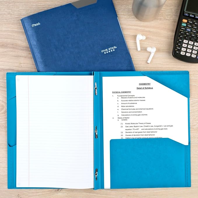 Five Star Folder, 2 Pocket, 8-1/2" x 11" | Plastic | Tidewater Blue | Prong Fasteners | Pack of 2
