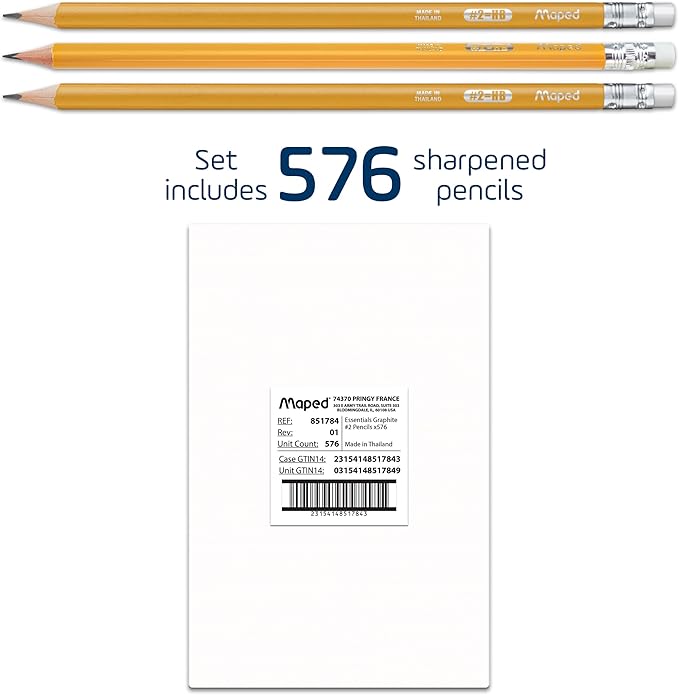 Maped Essentials Triangular Yellow Graphite Pencils #2 – Variety for Comfortable Writing – Smooth, Durable, Latex-Free – Essentials Yellow Pack of 576