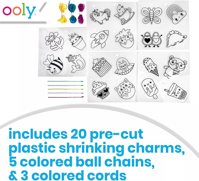 Ooly 28 PC DIY Shrinking Art Kit for Kids, 20 Plastic Pre Cut Charms and More, No Mess Creative Activity Jewelry Making Kit - Cute Crew